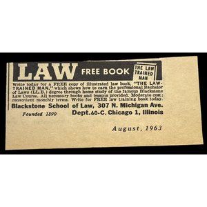 Blackstone School of Law Print Ad Vintage 1963 Law Trained Man Chicago IL